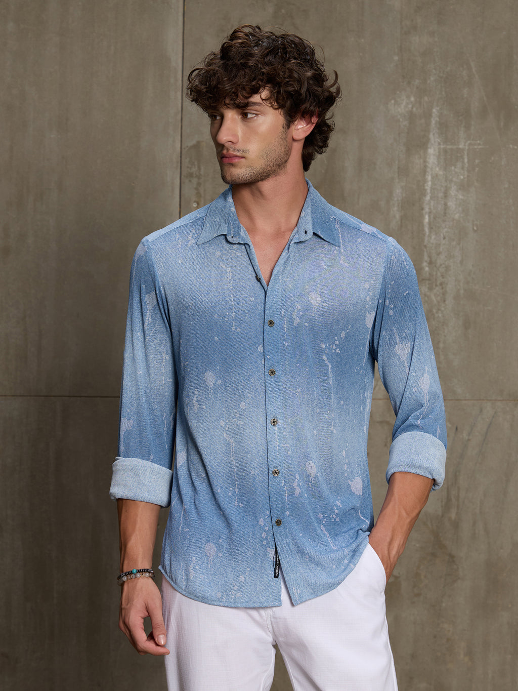 Cahoot Men's Light Blue Denim Look Printed Stretchable Shirt - view 2