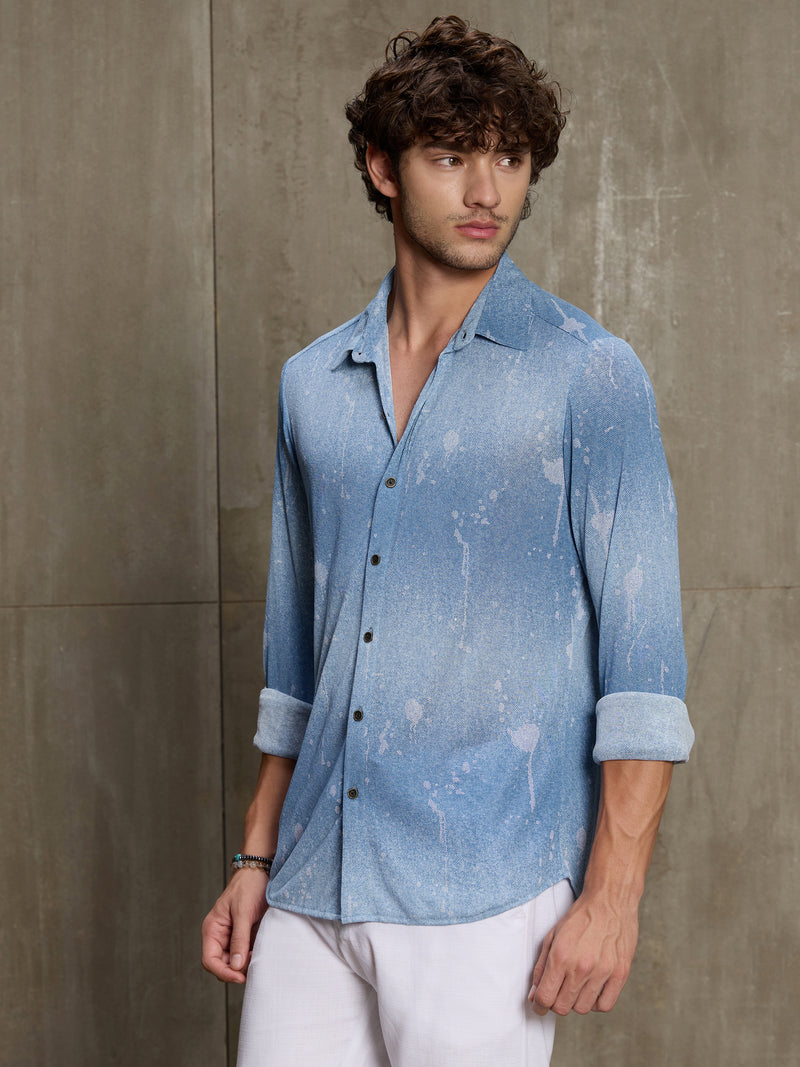 Cahoot Men's Light Blue Denim Look Printed Stretchable Shirt - view 3