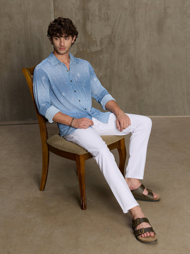 Cahoot Men's Light Blue Denim Look Printed Stretchable Shirt - view 6