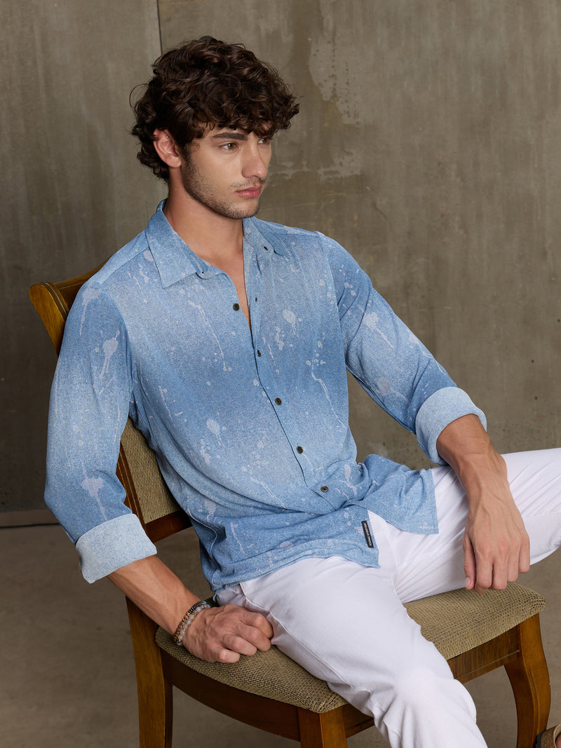 Cahoot Men's Light Blue Denim Look Printed Stretchable Shirt - view 7