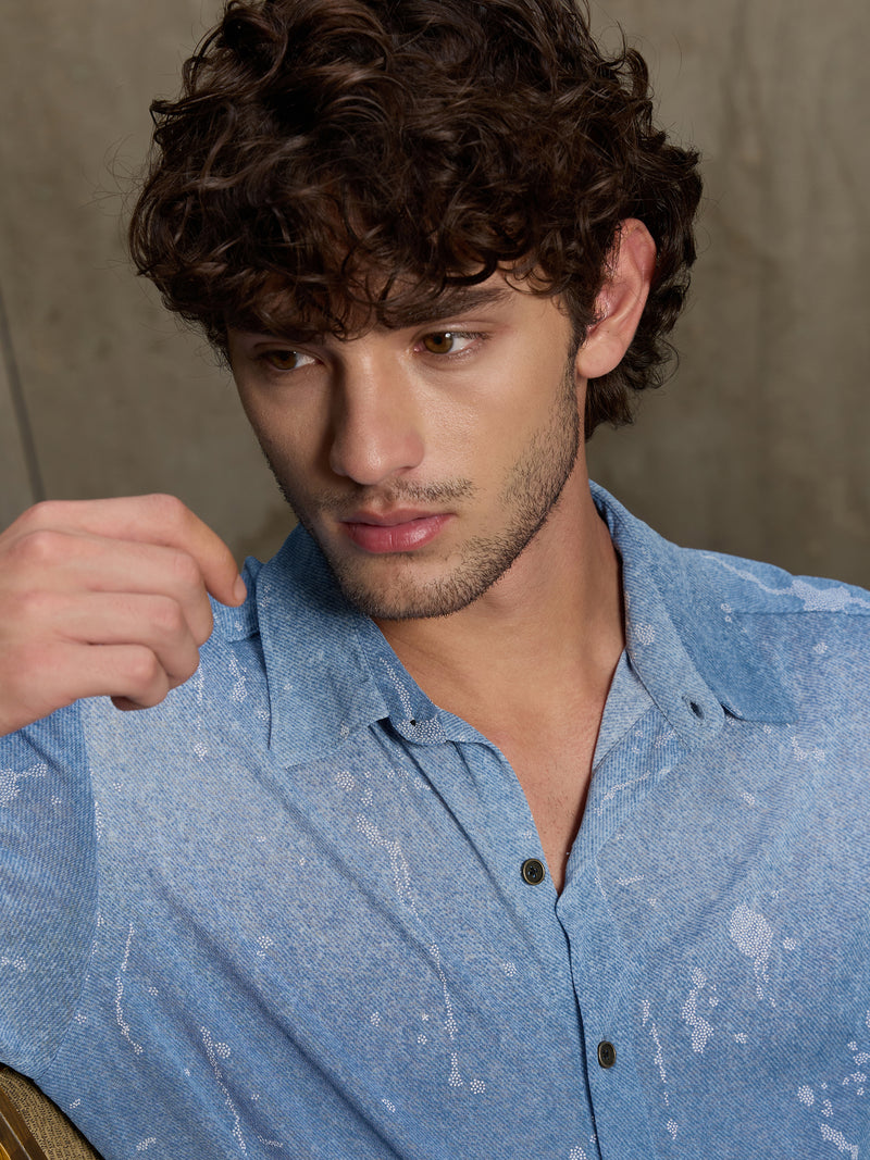 Cahoot Men's Light Blue Denim Look Printed Stretchable Shirt - view 8