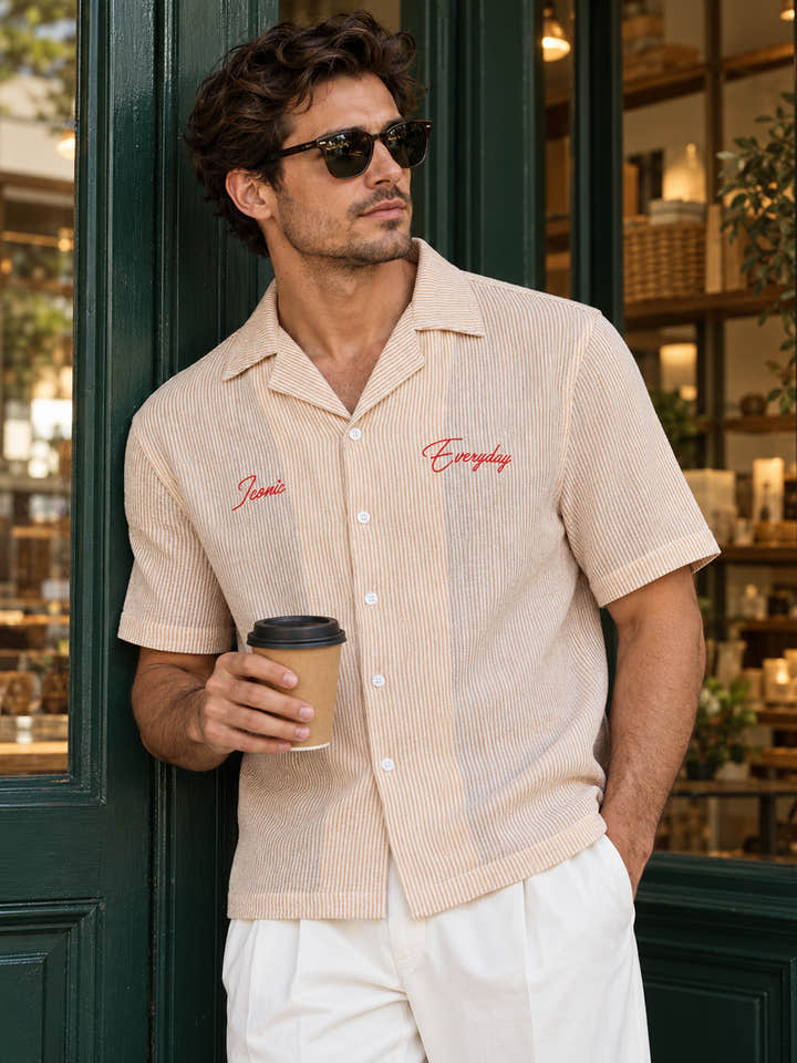 Cahoot Men's Beige Striped Crop Shirt With Placement Embroidery - view 1