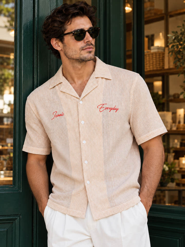 Cahoot Men's Beige Striped Crop Shirt With Placement Embroidery - view 2