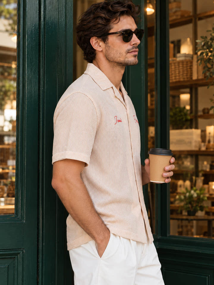 Cahoot Men's Beige Striped Crop Shirt With Placement Embroidery - view 3