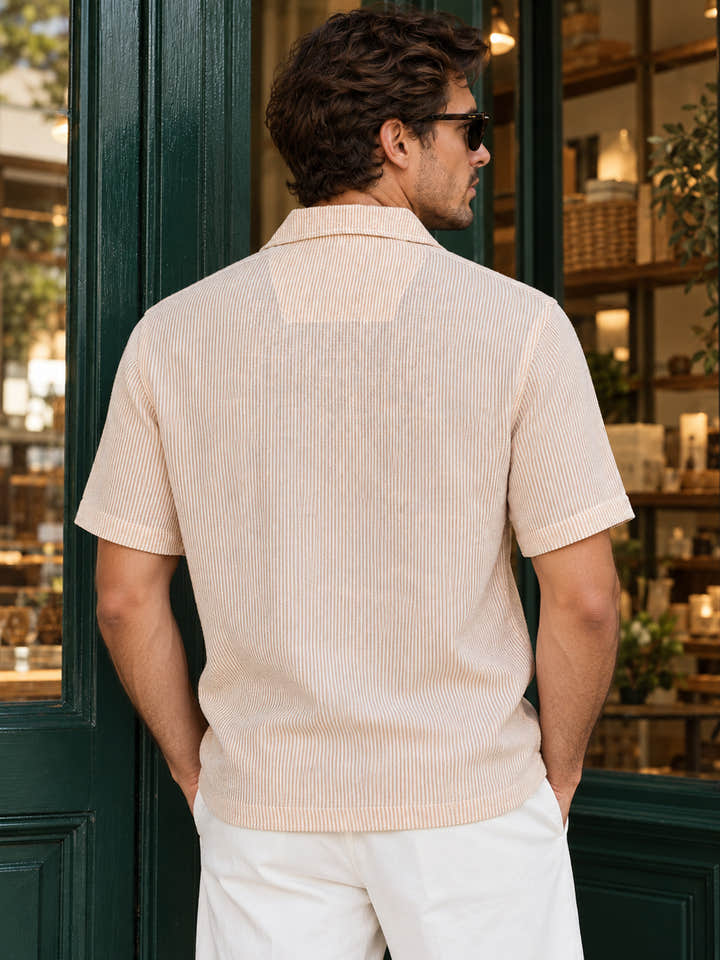 Cahoot Men's Beige Striped Crop Shirt With Placement Embroidery - view 4