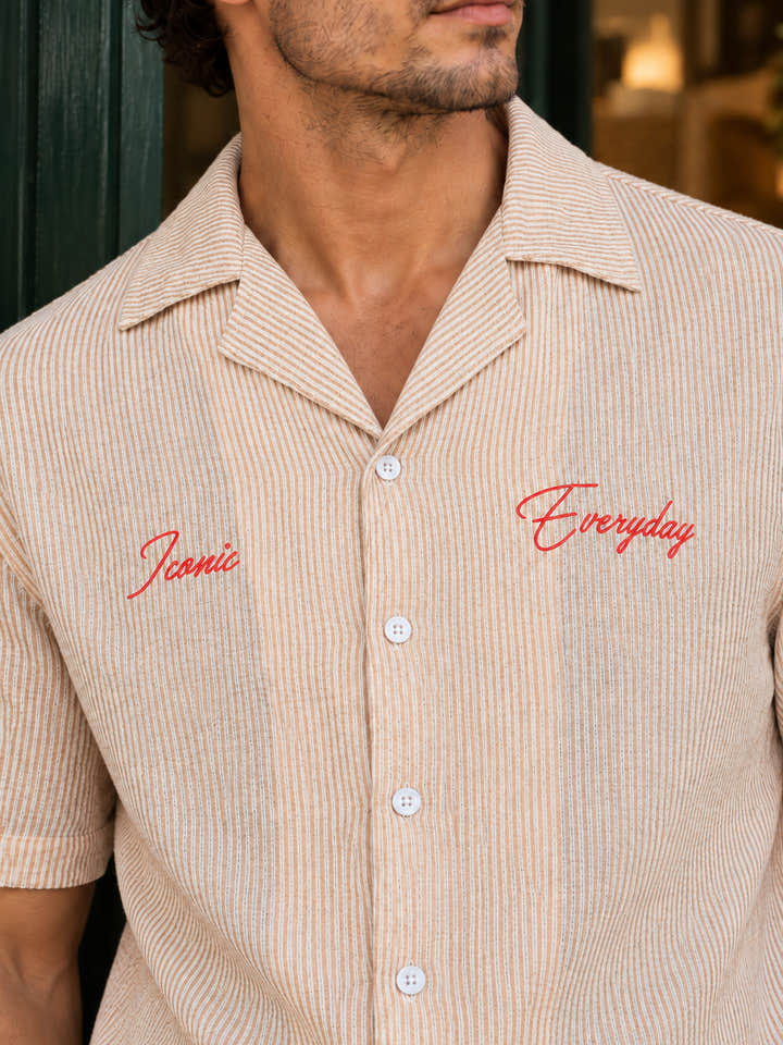Cahoot Men's Beige Striped Crop Shirt With Placement Embroidery - view 6