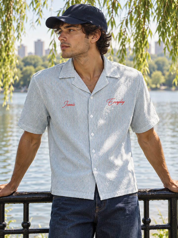 Cahoot Men's Grey Striped Crop Shirt With Placement Embroidery - view 1