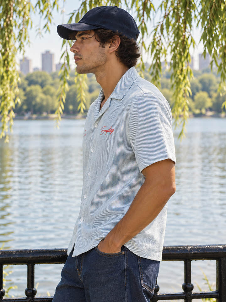 Cahoot Men's Grey Striped Crop Shirt With Placement Embroidery - view 2