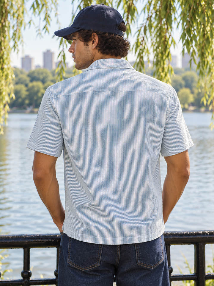 Cahoot Men's Grey Striped Crop Shirt With Placement Embroidery - view 3