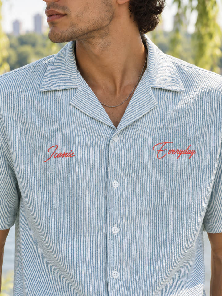 Cahoot Men's Grey Striped Crop Shirt With Placement Embroidery - view 5