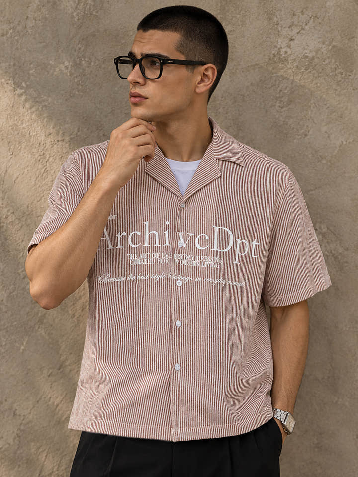 Cahoot Men's Maroon Striped Crop Shirt With Placement Print - view 2