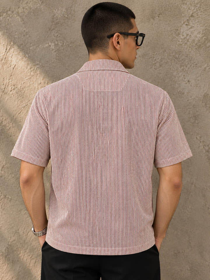 Cahoot Men's Maroon Striped Crop Shirt With Placement Print - view 3