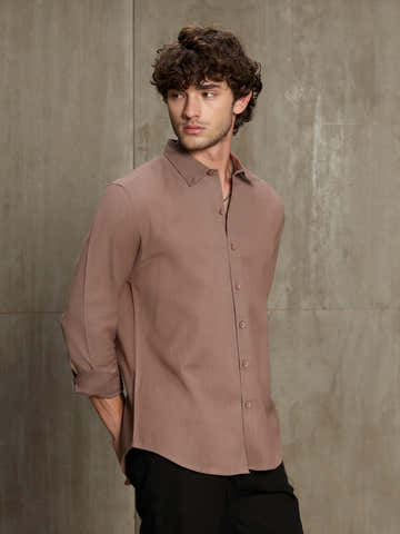 Light Brown Cotton Slub Button Down Shirt