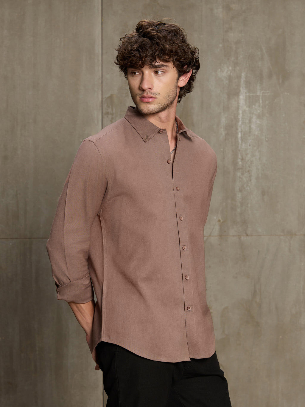 Cahoot Men's Light Brown Cotton Slub Regular Fit Shirt - view 1