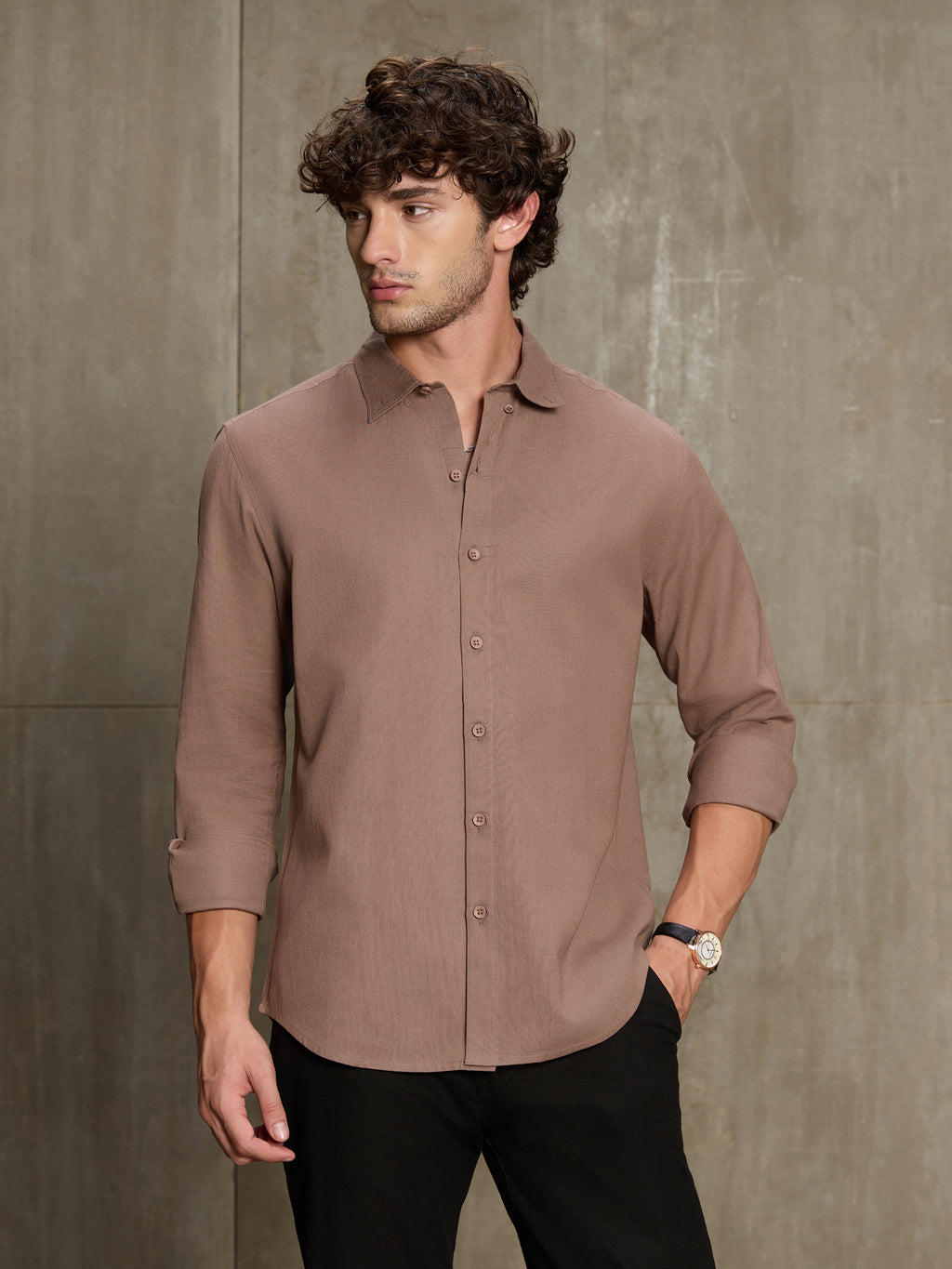 Cahoot Men's Light Brown Cotton Slub Regular Fit Shirt - view 2