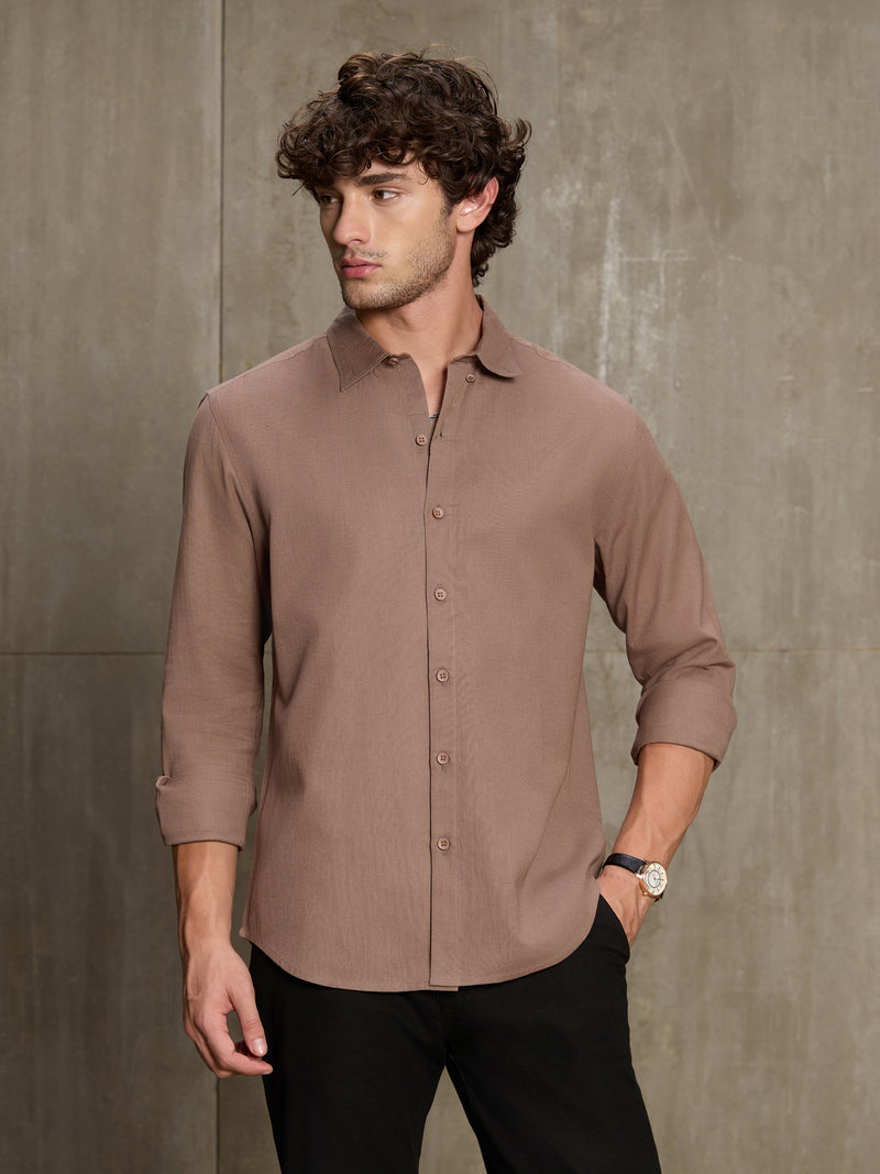 Cahoot Men's Light Brown Cotton Slub Regular Fit Shirt - view 2