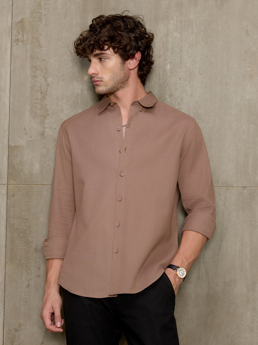 Cahoot Men's Light Brown Cotton Slub Regular Fit Shirt - view 3