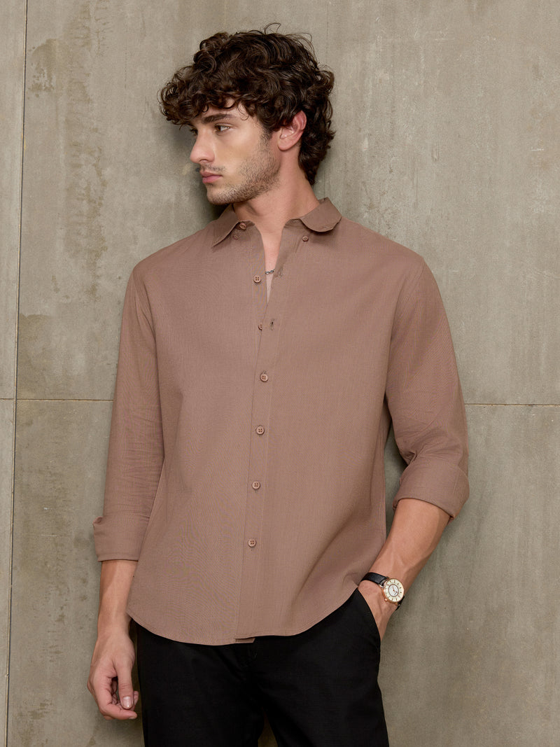 Cahoot Men's Light Brown Cotton Slub Regular Fit Shirt - view 3
