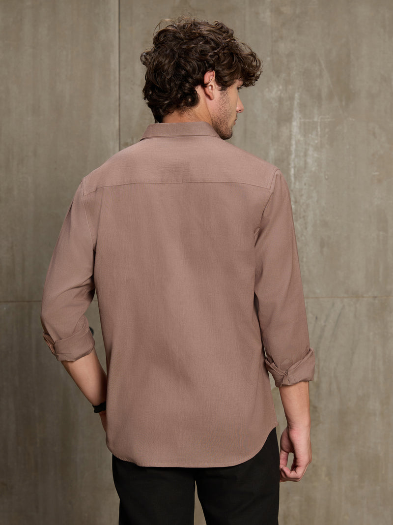 Cahoot Men's Light Brown Cotton Slub Regular Fit Shirt - view 4