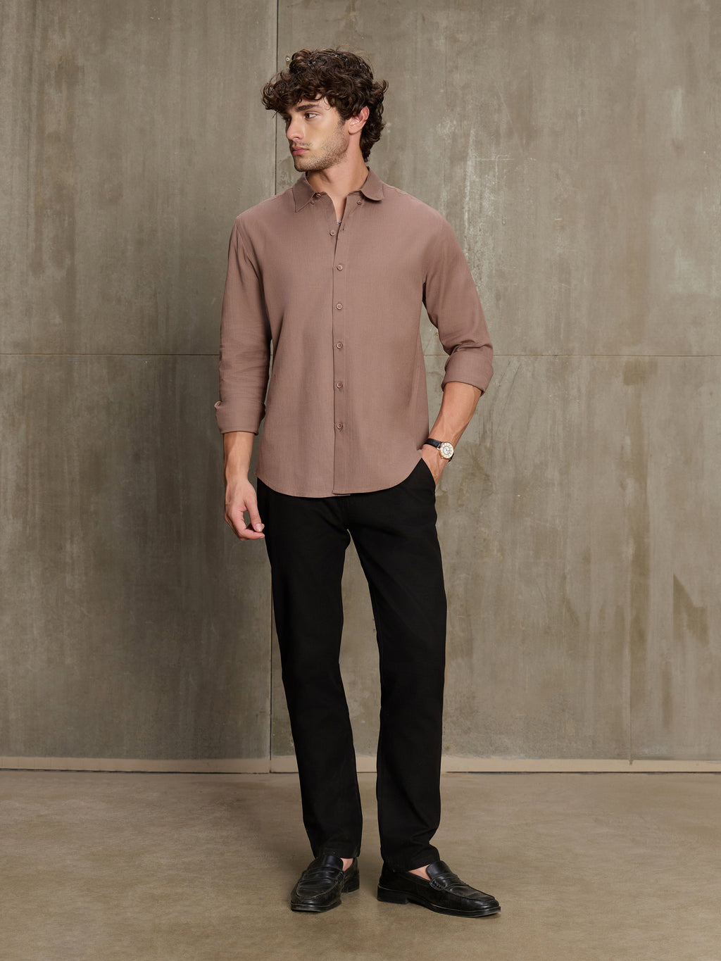 Cahoot Men's Light Brown Cotton Slub Regular Fit Shirt - view 5