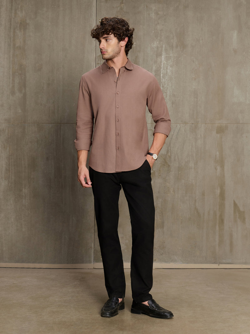 Cahoot Men's Light Brown Cotton Slub Regular Fit Shirt - view 5