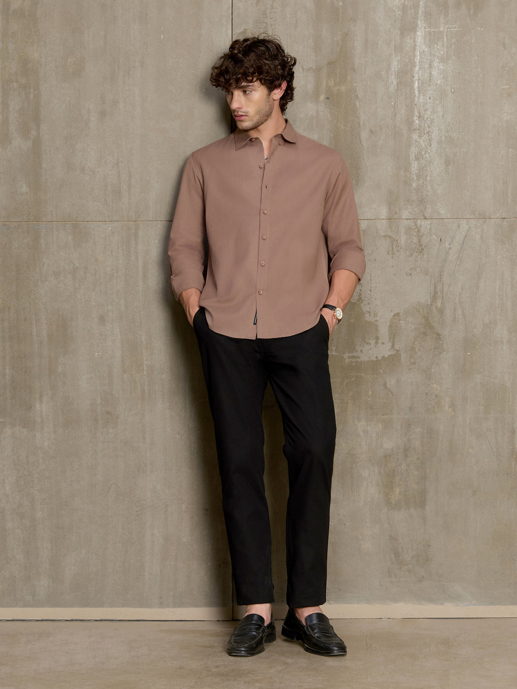Cahoot Men's Light Brown Cotton Slub Regular Fit Shirt - view 6