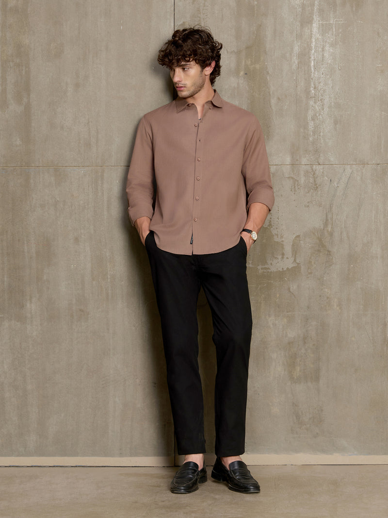 Cahoot Men's Light Brown Cotton Slub Regular Fit Shirt - view 6