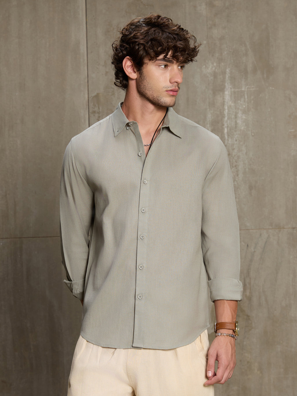 Cahoot Men's Sage Green Cotton Slub Regular Fit Shirt - view 2