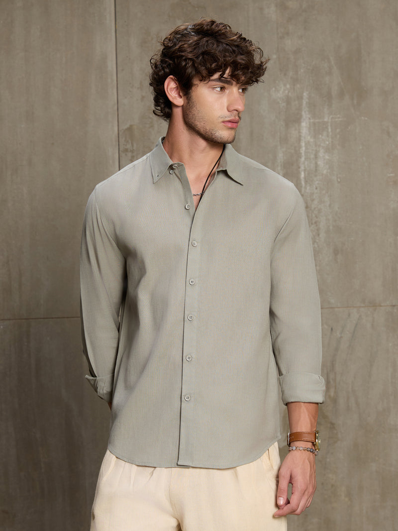 Cahoot Men's Sage Green Cotton Slub Regular Fit Shirt - view 2