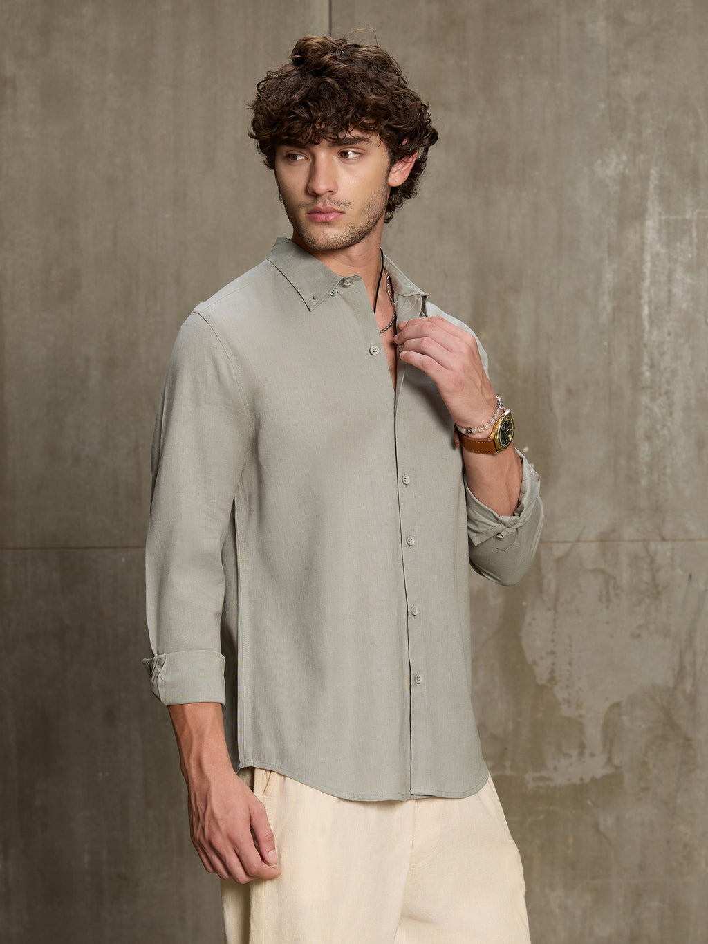 Cahoot Men's Sage Green Cotton Slub Regular Fit Shirt - view 3