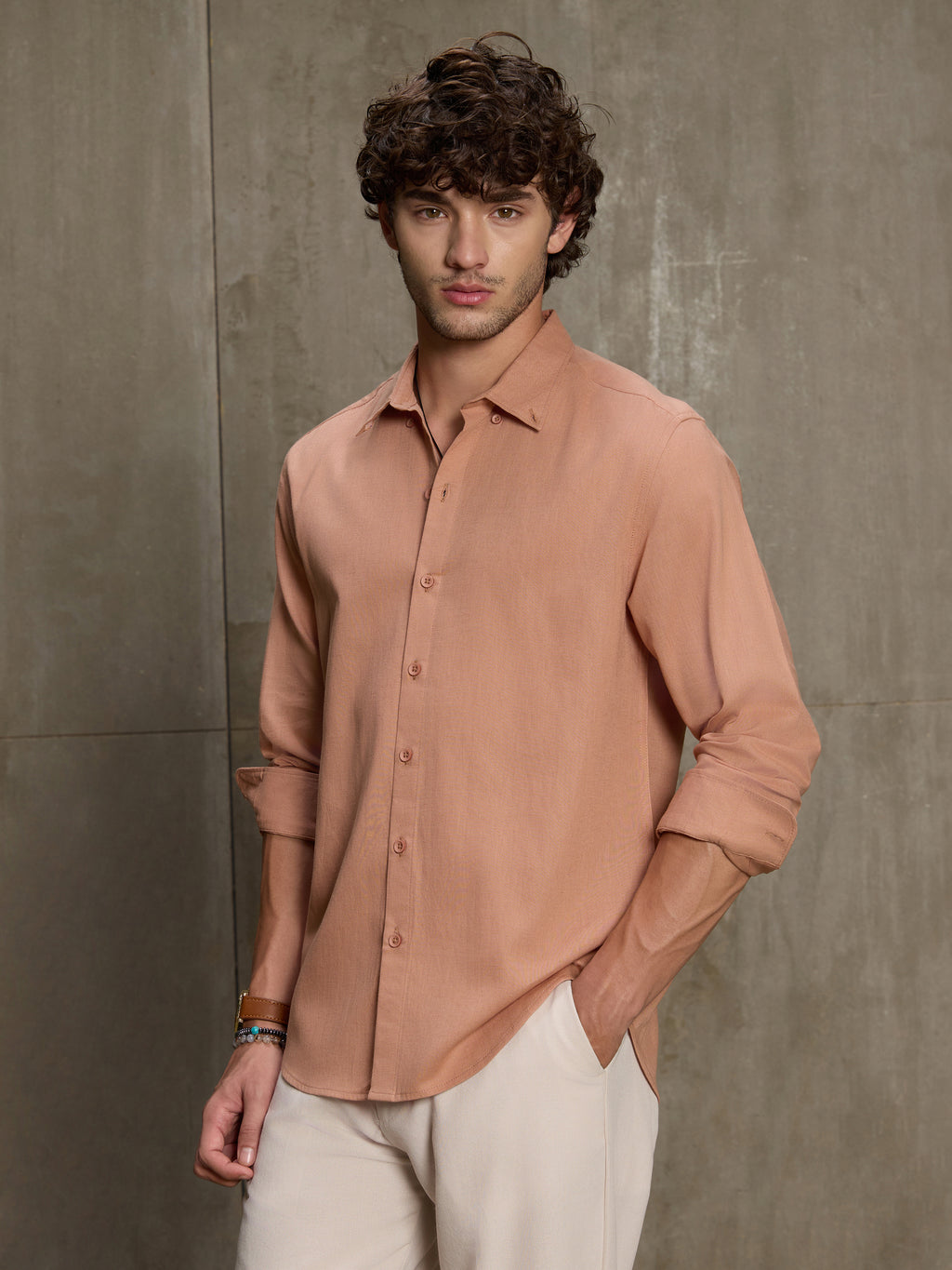 Cahoot Men's Peach Cotton Slub Regular Fit Shirt - view 1