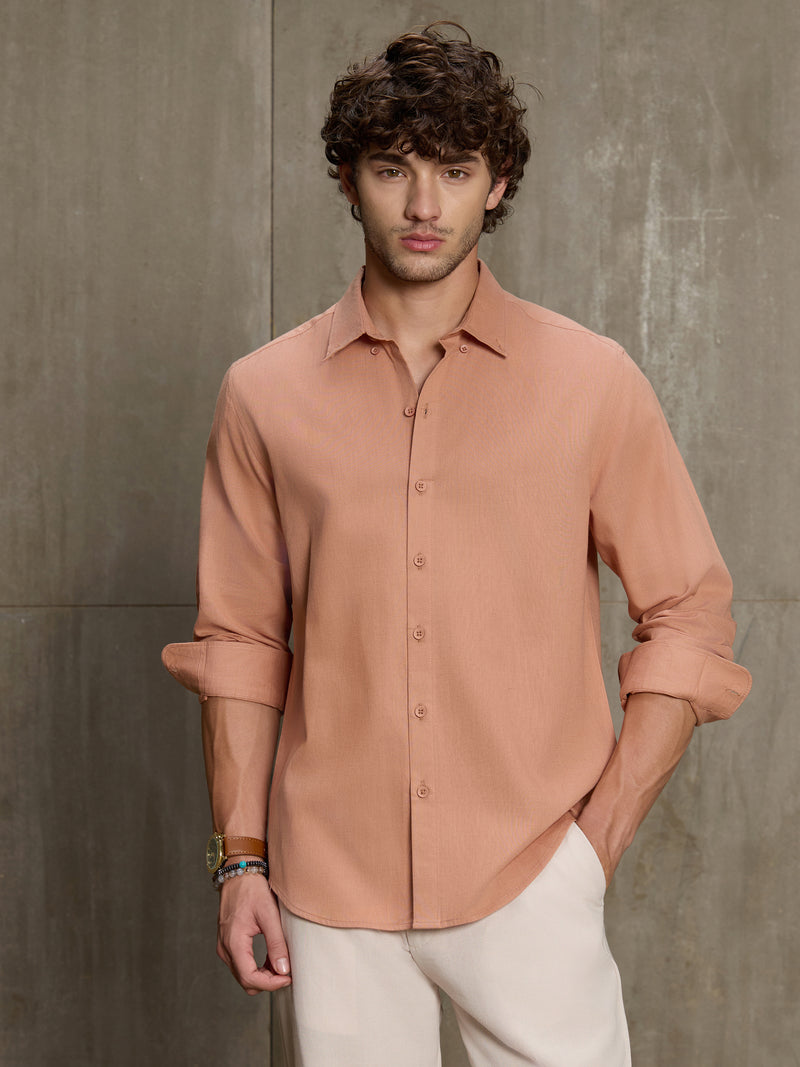 Cahoot Men's Peach Cotton Slub Regular Fit Shirt - view 2