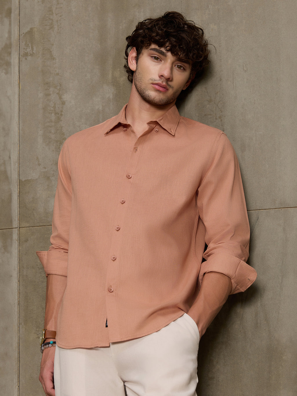 Cahoot Men's Peach Cotton Slub Regular Fit Shirt - view 3