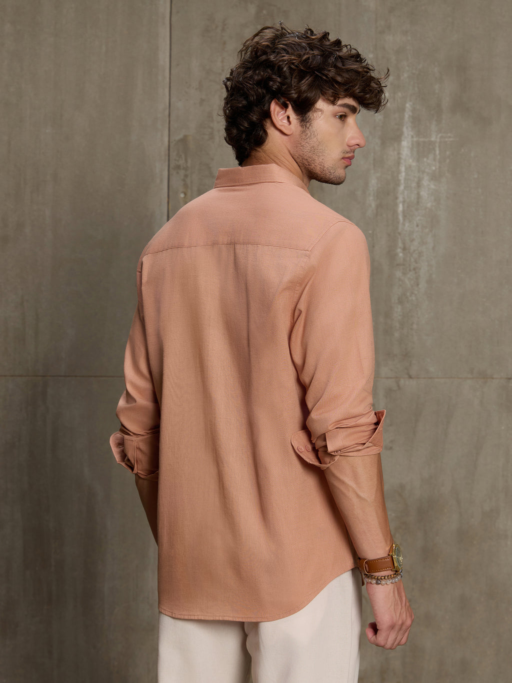 Cahoot Men's Peach Cotton Slub Regular Fit Shirt - view 4