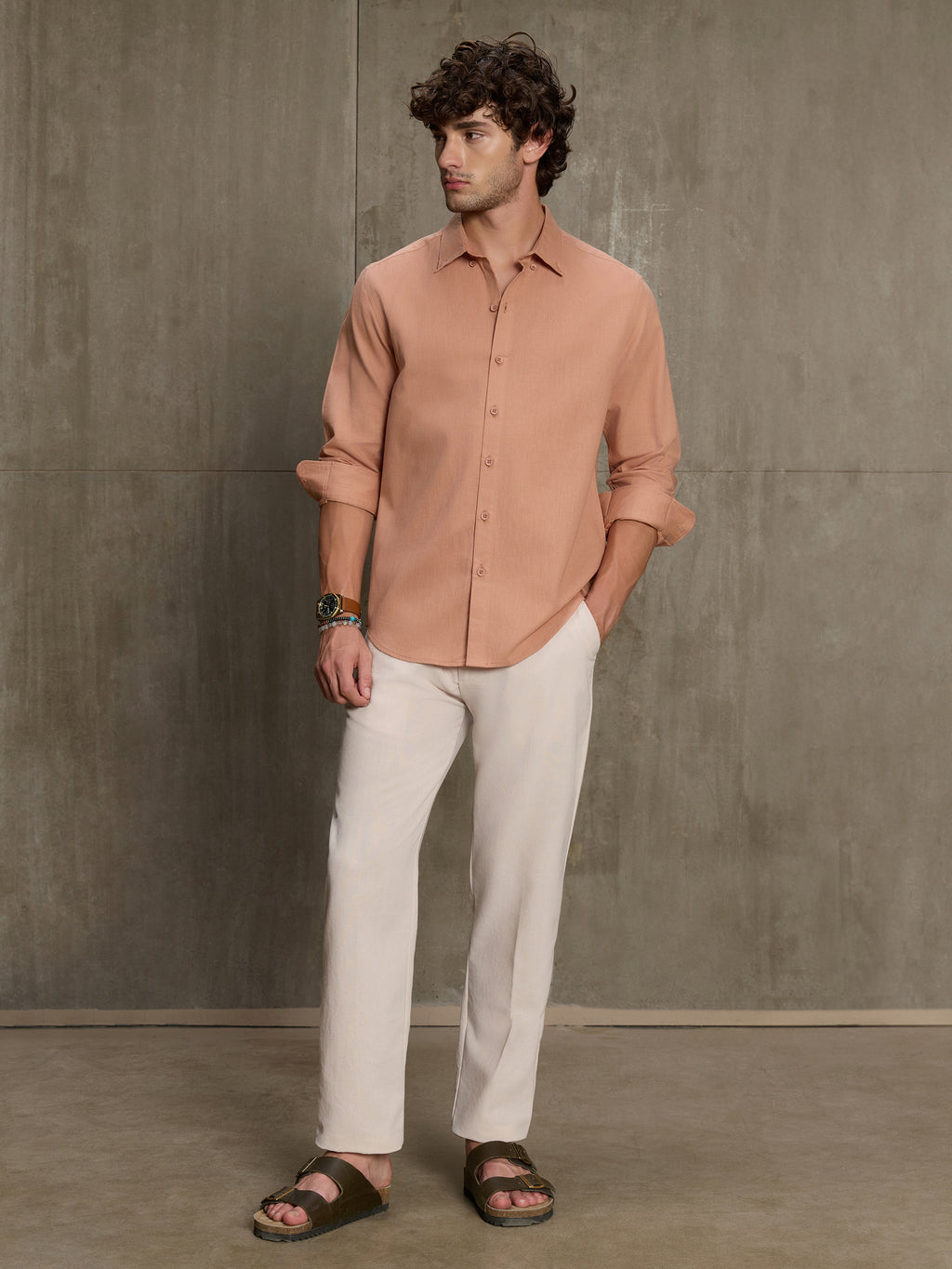 Cahoot Men's Peach Cotton Slub Regular Fit Shirt - view 5