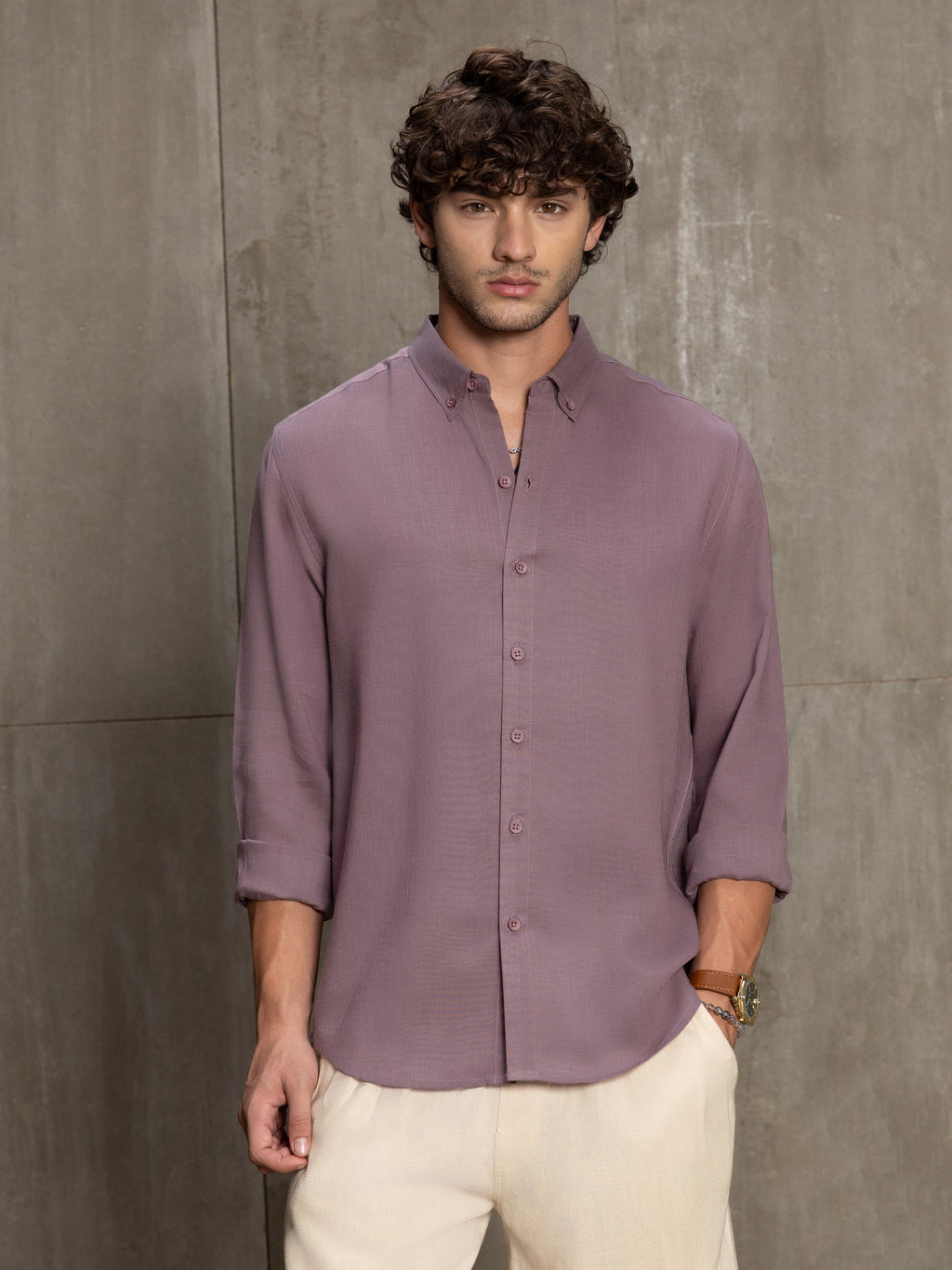 Cahoot Men's Lavender Linen Viscose Slub Regular Fit Shirt - view 2
