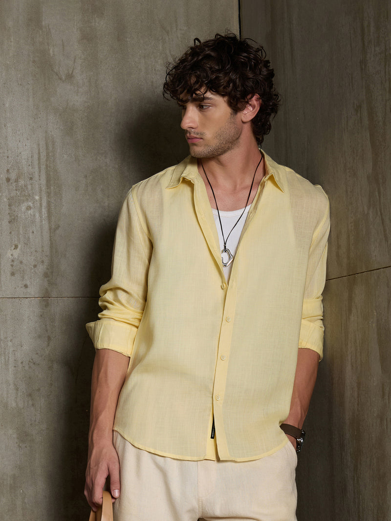 Cahoot Men's Yellow Linen Viscose Slub Regular Fit Shirt - view 1