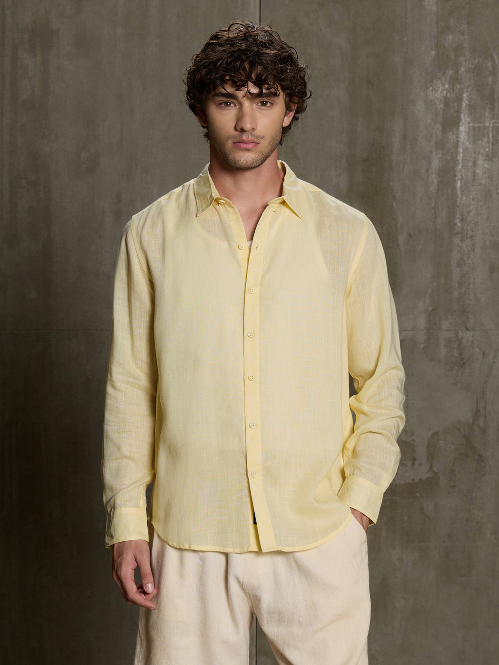 Cahoot Men's Yellow Linen Viscose Slub Regular Fit Shirt - view 2