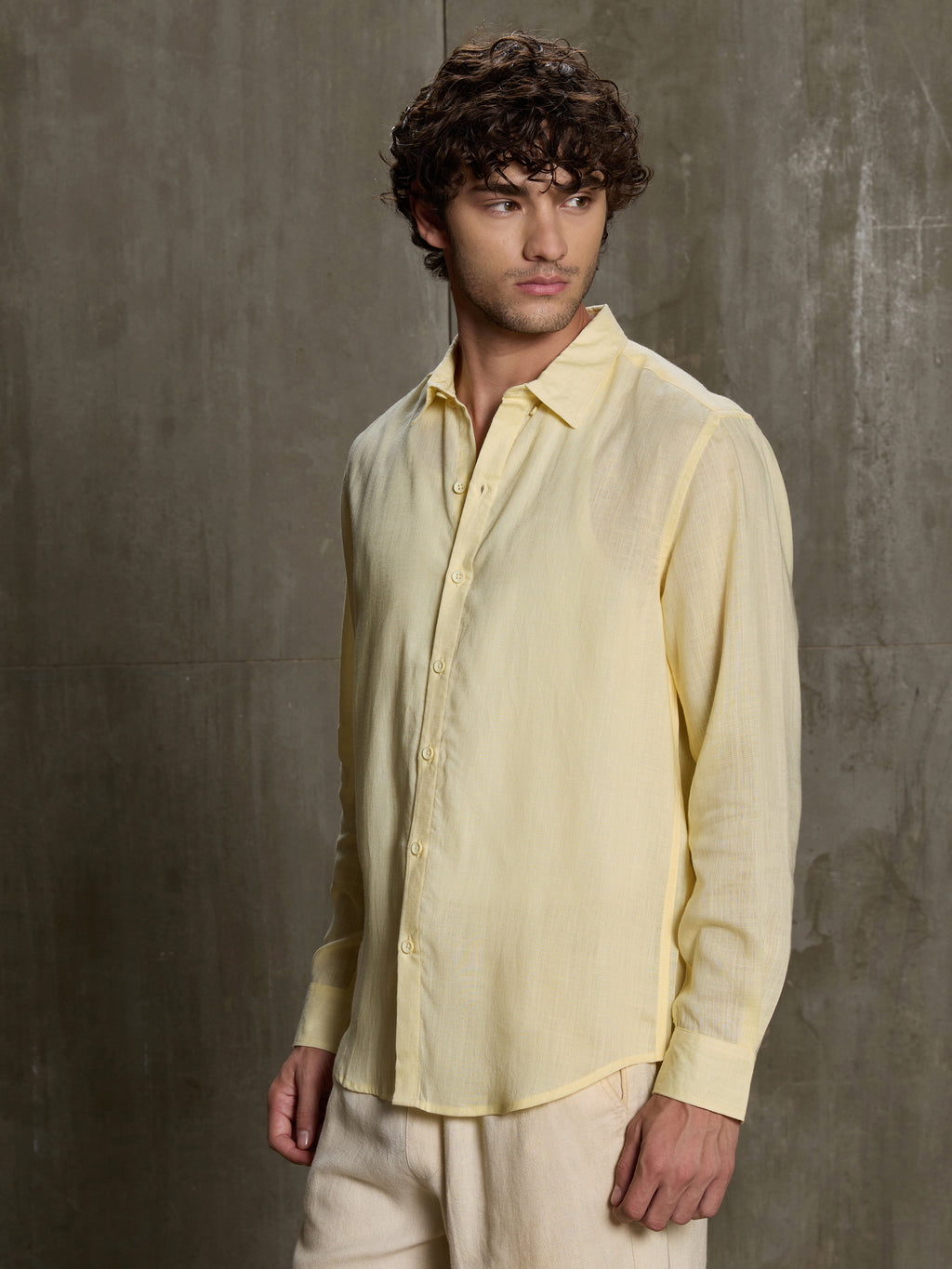 Cahoot Men's Yellow Linen Viscose Slub Regular Fit Shirt - view 3