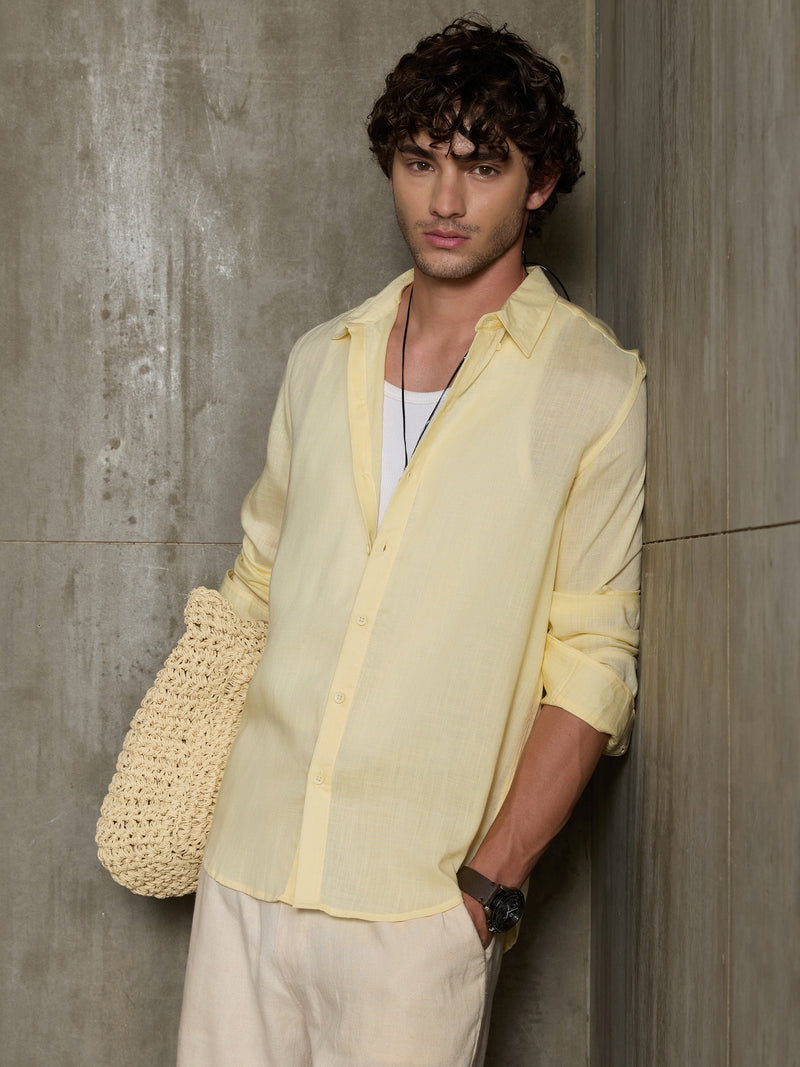 Cahoot Men's Yellow Linen Viscose Slub Regular Fit Shirt - view 6