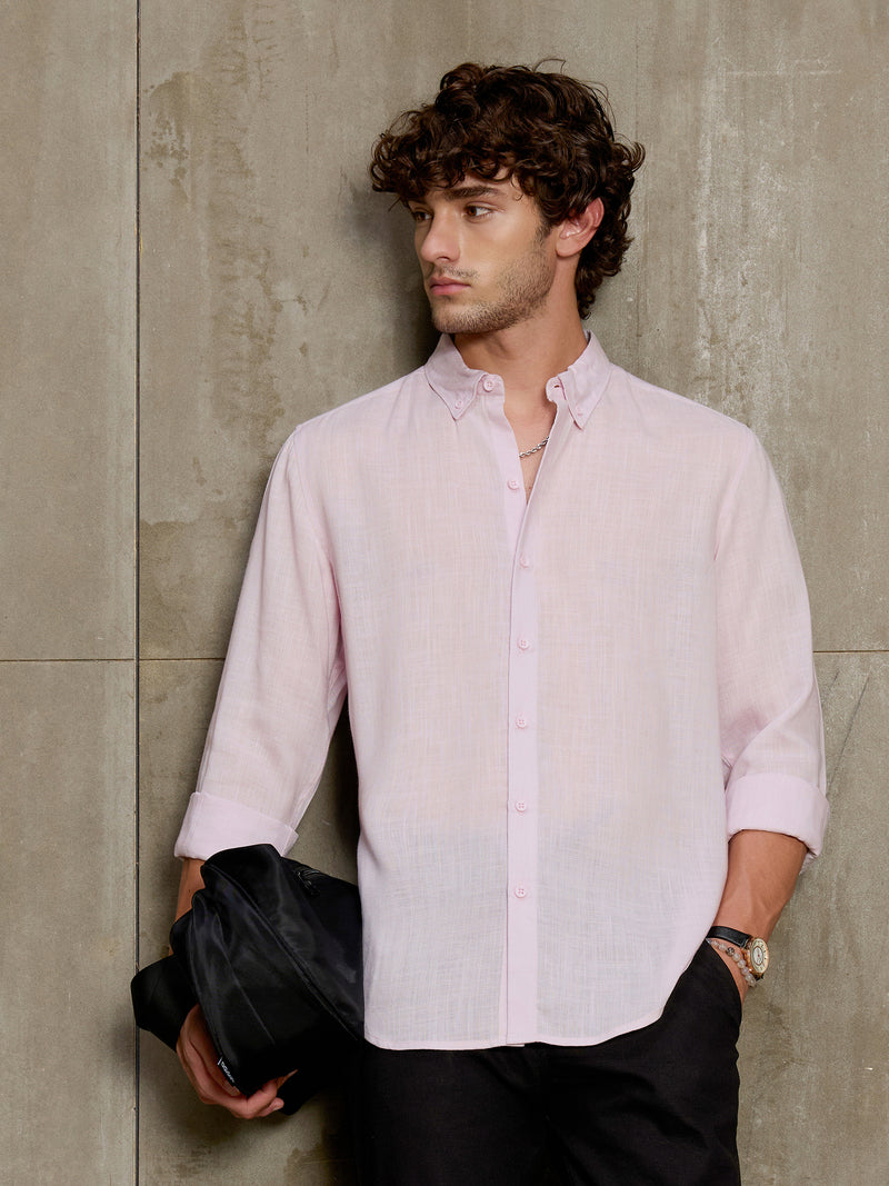 Cahoot Men's Powder Pink Linen Viscose Slub Button Down Shirt - view 1