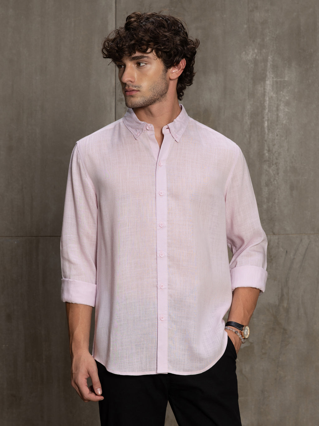 Cahoot Men's Powder Pink Linen Viscose Slub Button Down Shirt - view 2