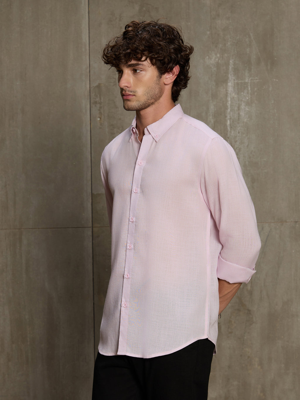 Cahoot Men's Powder Pink Linen Viscose Slub Button Down Shirt - view 3
