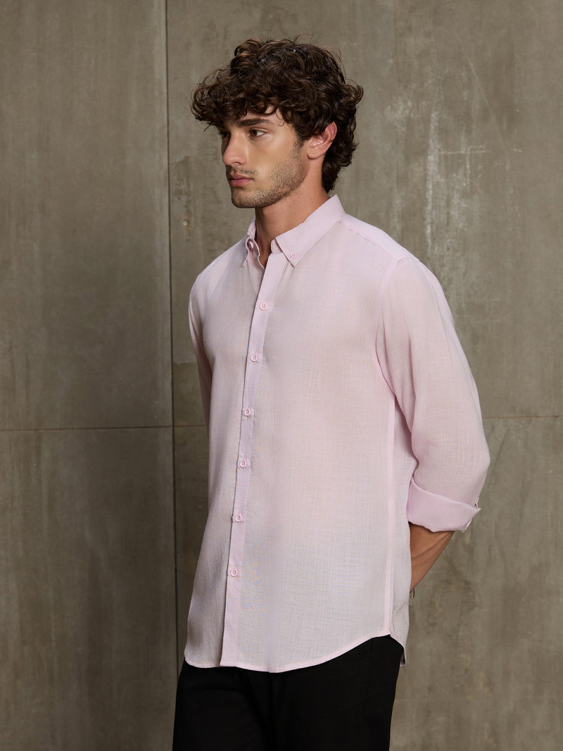 Cahoot Men's Powder Pink Linen Viscose Slub Button Down Shirt - view 3