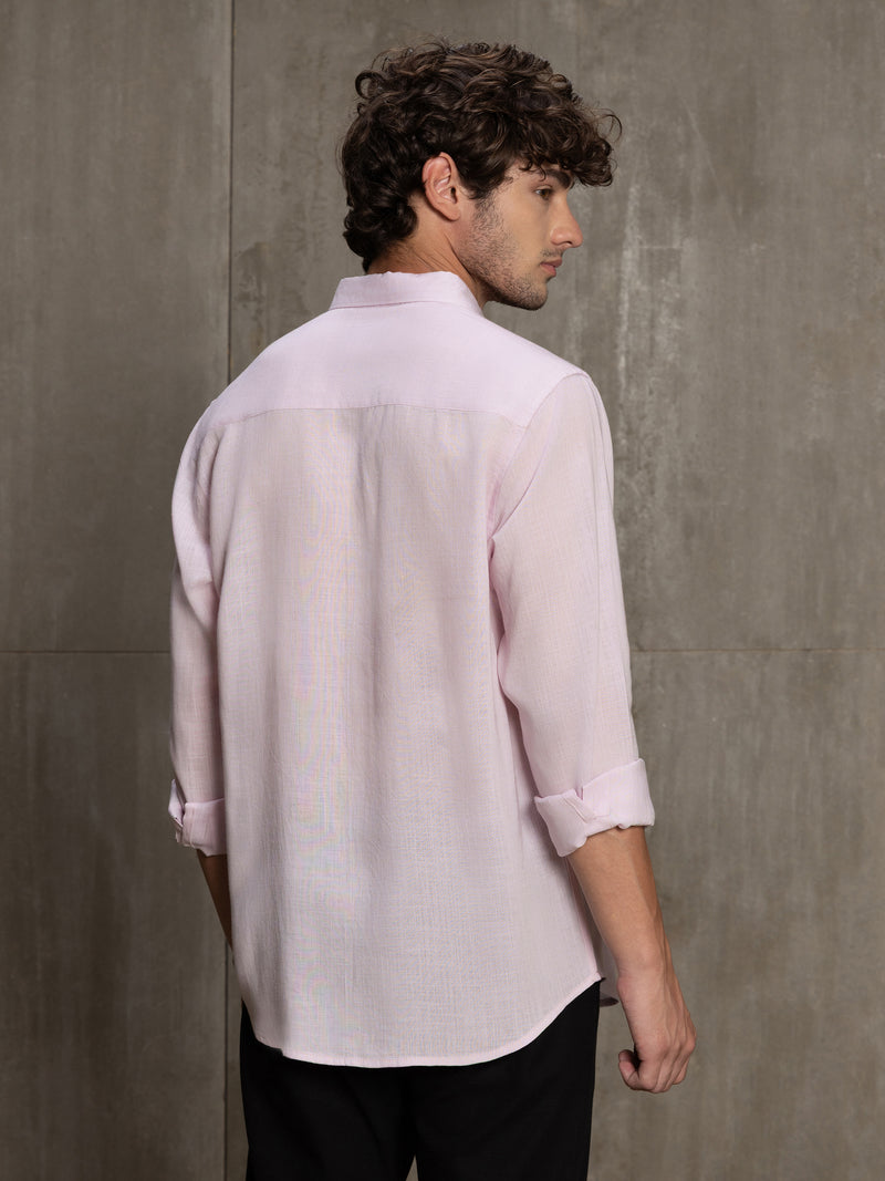 Cahoot Men's Powder Pink Linen Viscose Slub Button Down Shirt - view 4