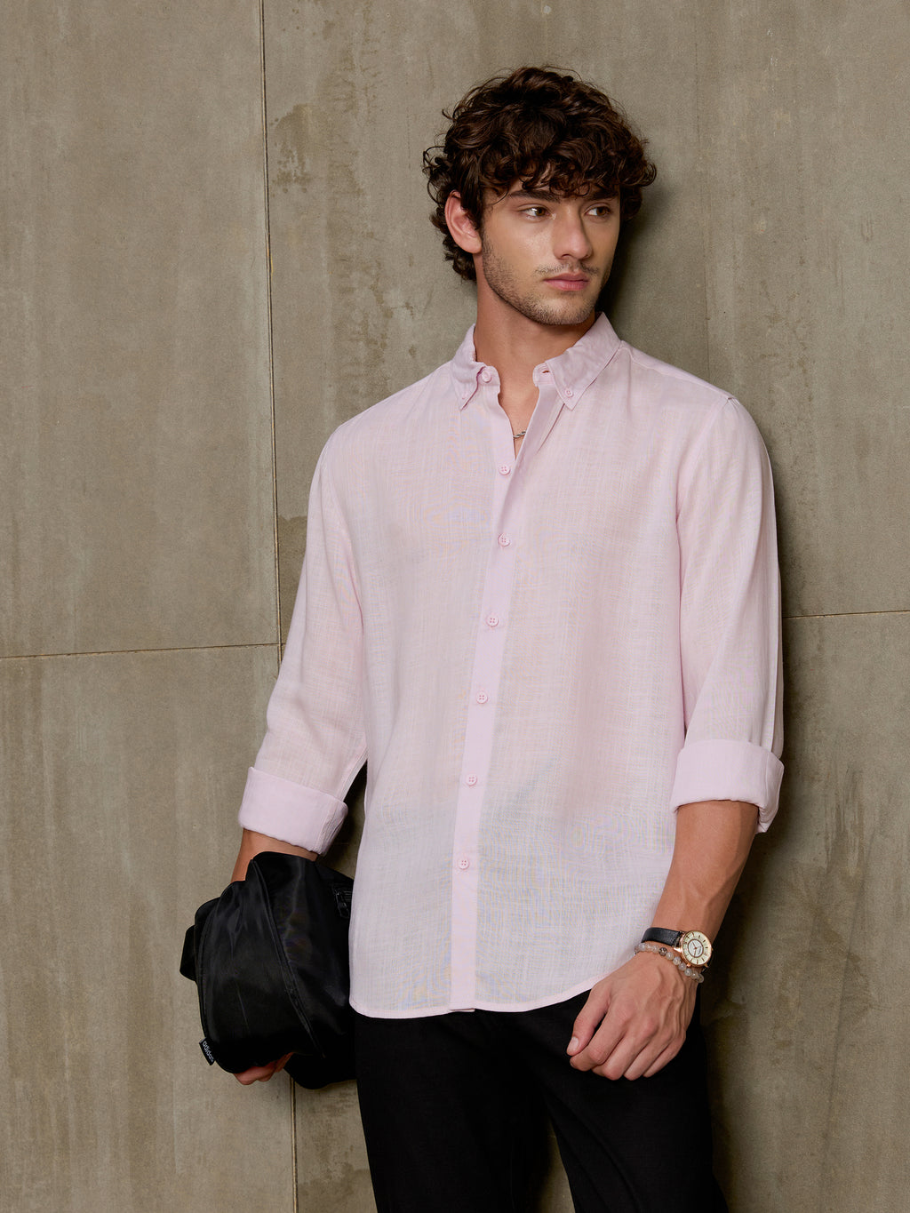 Cahoot Men's Powder Pink Linen Viscose Slub Button Down Shirt - view 5