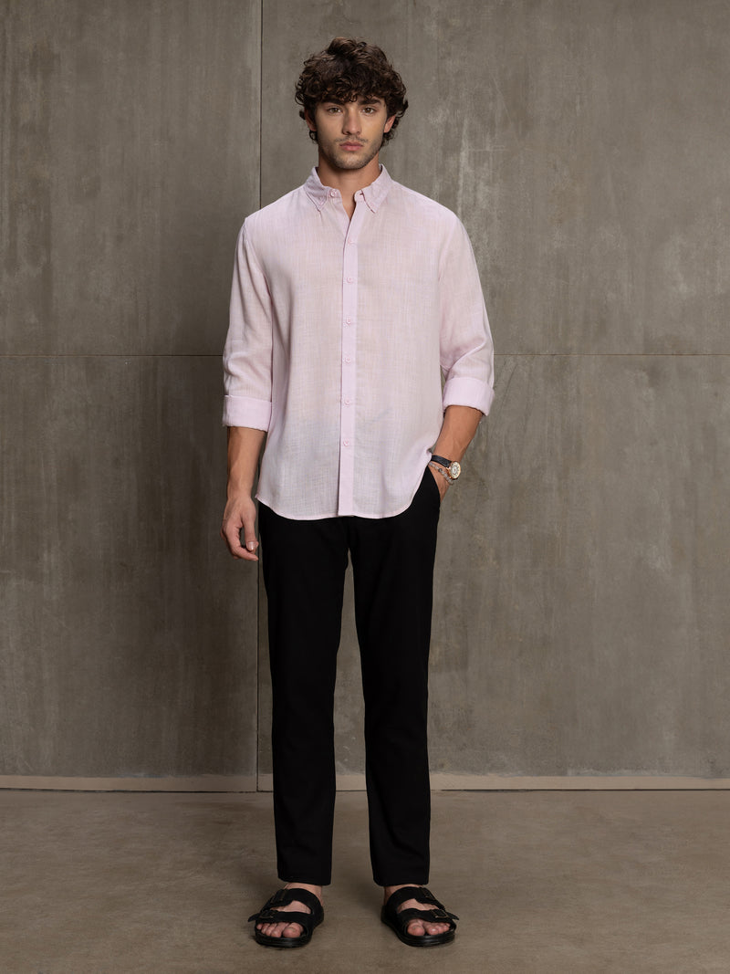 Cahoot Men's Powder Pink Linen Viscose Slub Button Down Shirt - view 6