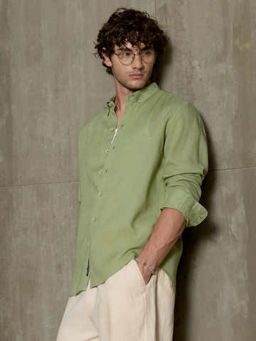 Light Green Linen Viscose Slub Button Down Shirt