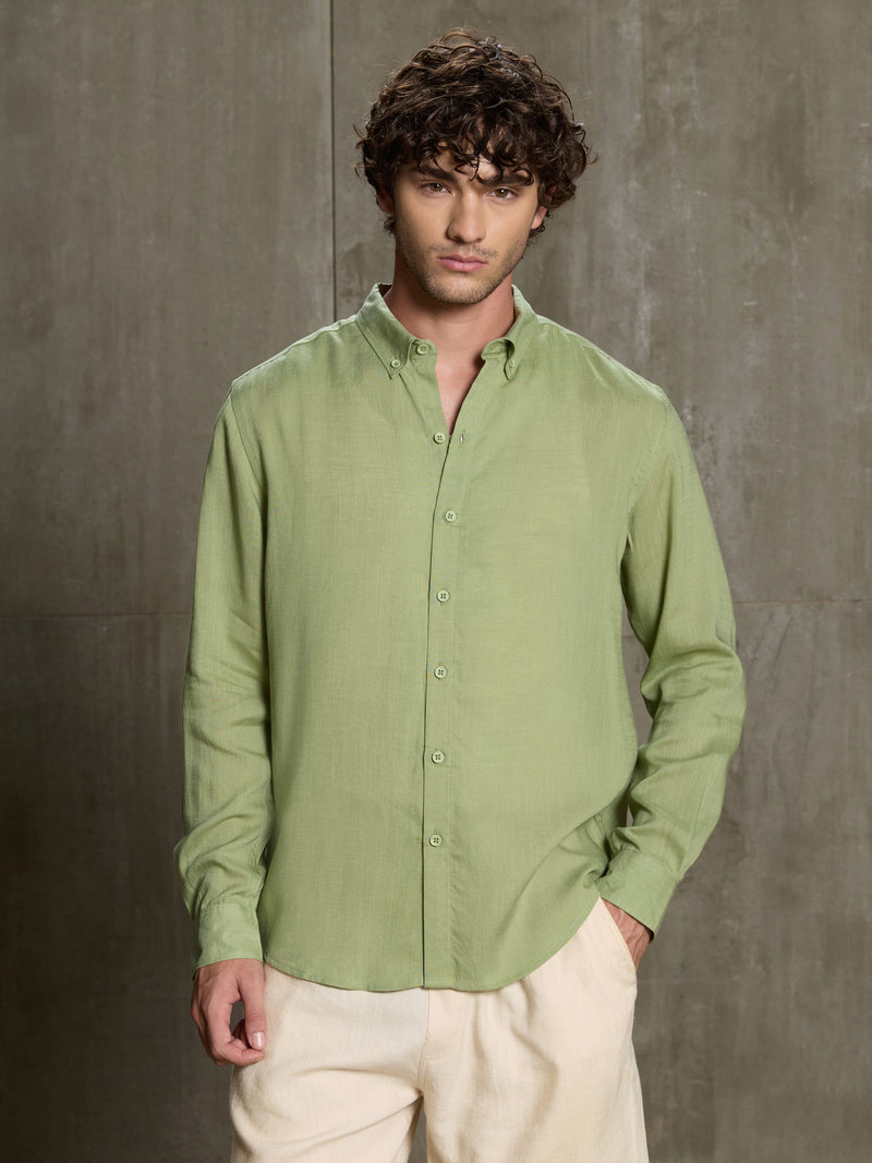 Cahoot Men's Light Green Linen Viscose Slub Button Down Shirt - view 2