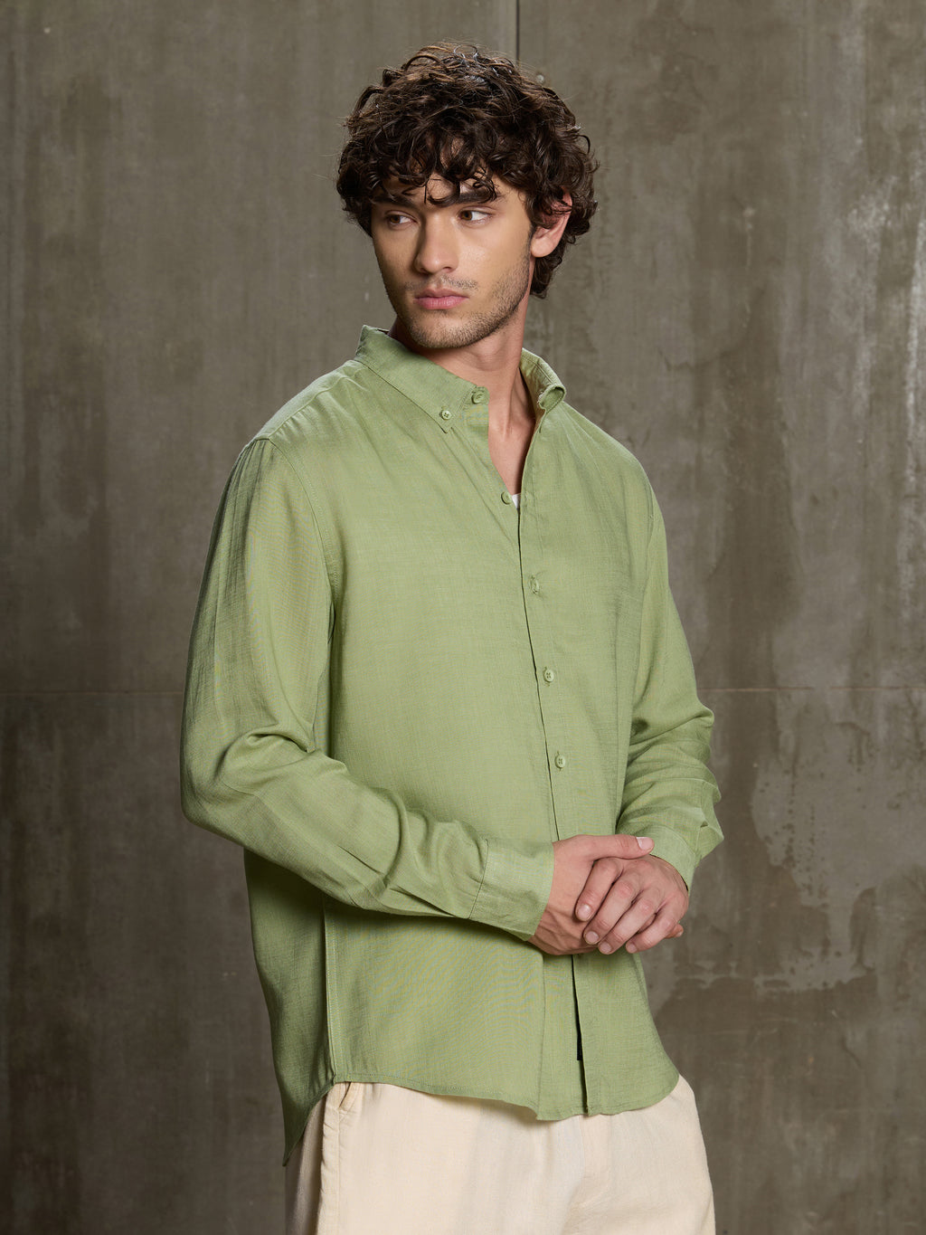 Cahoot Men's Light Green Linen Viscose Slub Button Down Shirt - view 3